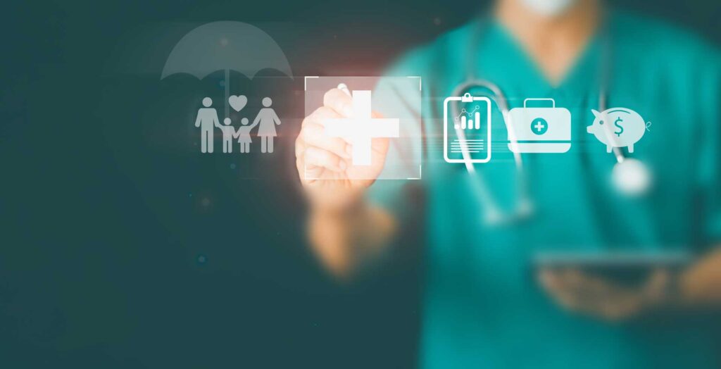 Insurance concept Healthcare and medical, Doctor touching icon digital healthcare and medical diagnosis of a patient, Medical technology, family and life, financial and health insurance saving
